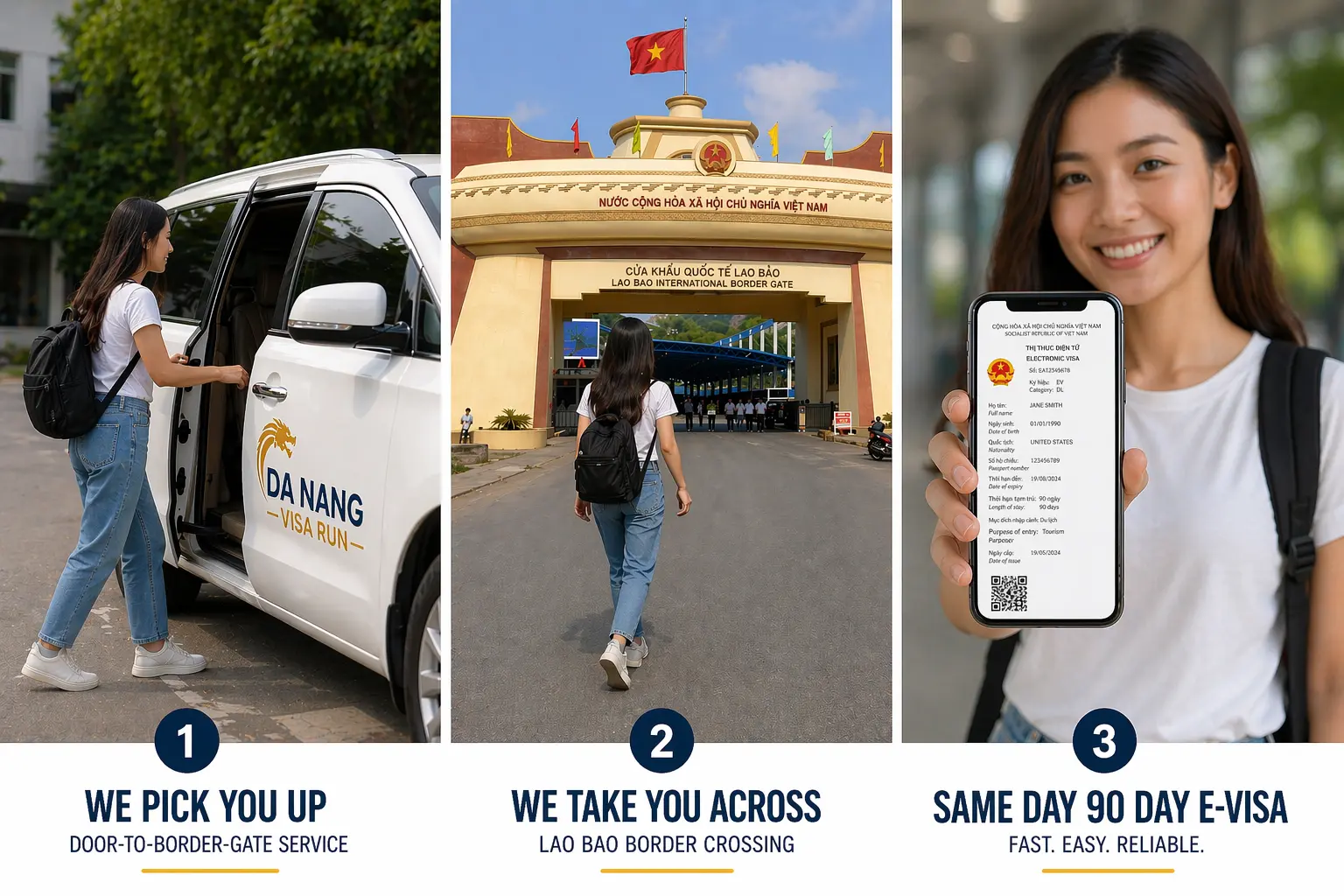 Step-by-step Da Nang visa run sequence from pickup to Lao Bao border re-entry